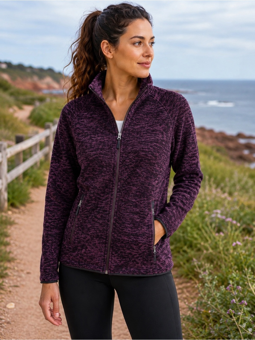 OCK Plum Heathered Full Zip Fleece Jacket Hiking Athleisure Large
